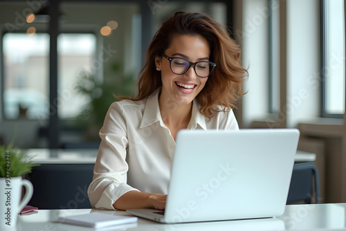 Happy and smiling businesswoman typing on laptop, office worker with glasses happy with achievement results, at work inside office building