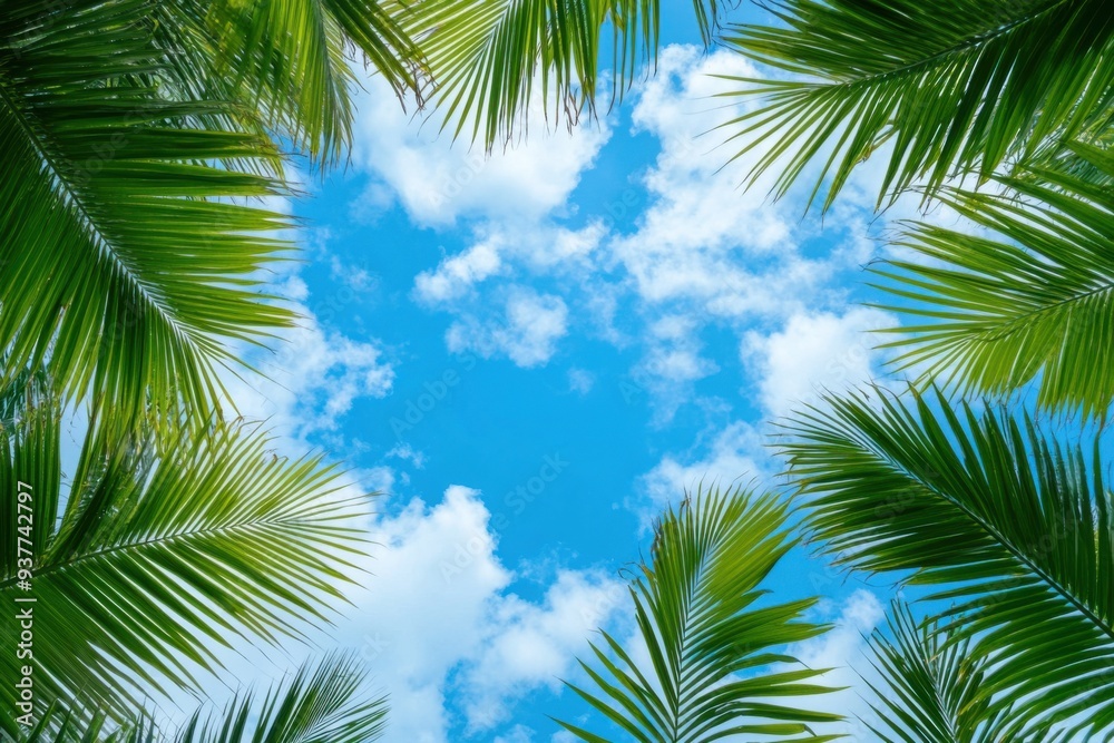 Fototapeta premium Skyward View Framed by Palm Leaves