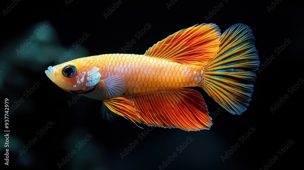 Underwater Photography of Beautiful Yellow Guppy Fish on Black Background - High-Resolution Underwater Photography of Beautiful Yellow Guppy Fish on Black Background - High-Resolution