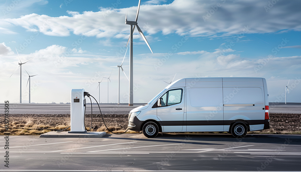 Charging electric van and wind turbines in a background Charging electric van and wind turbines in a background
