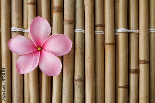 Pink Frangipani Flower on Bamboo Background