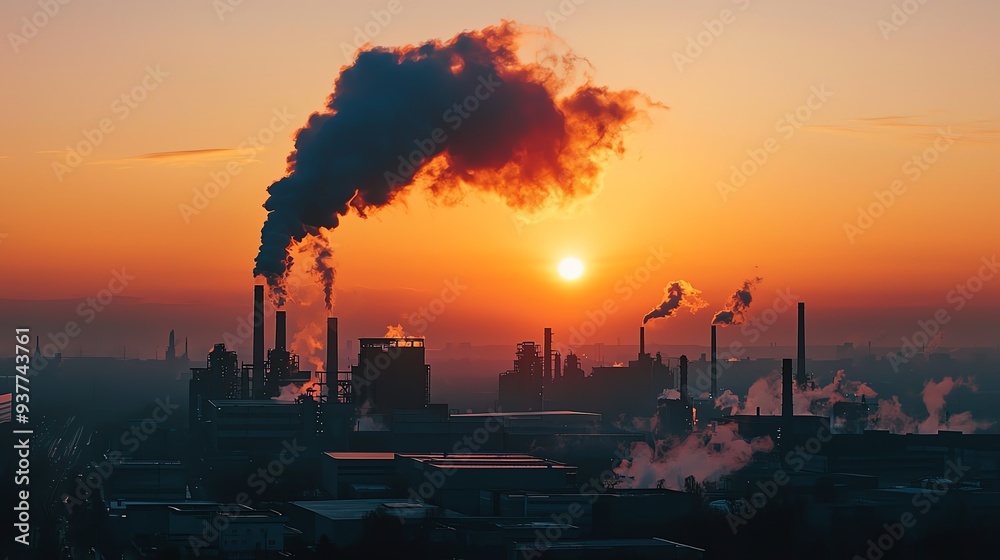 A beautiful sunset illuminates an industrial skyline with smoke rising ...