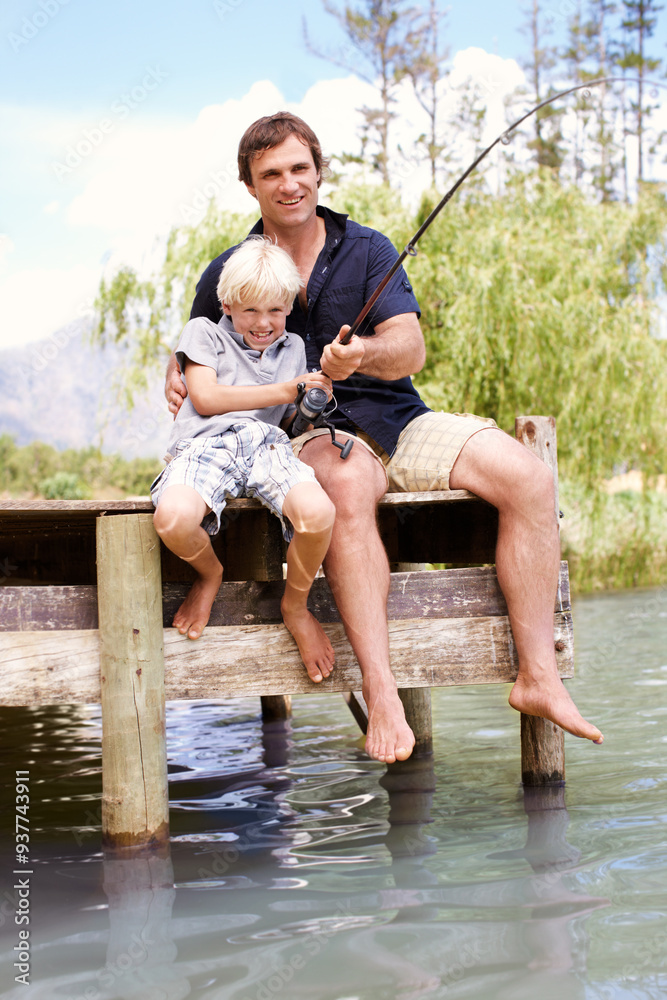 Father, boy and fishing by lake for learning, vacation and travel together in summer with gear on dock. Dad, son and catch fish in nature for teaching, holiday and development while bonding with line Father, boy and fishing by lake for learning, vacation and travel together in summer with gear on dock. Dad, son and catch fish in nature for teaching, holiday and development while bonding with line