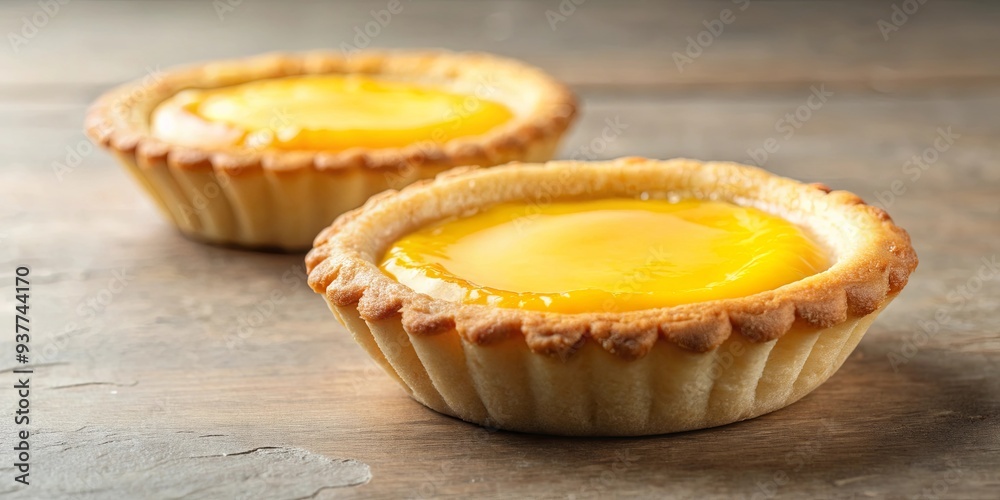 Baked egg tart with a golden crust and creamy filling on background, Egg tart, dessert, pastry, bakery, isolated,delicious