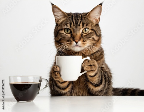 A gray cat wants to drink a cup of coffee. White background. Isolated. Ai generated image  photo