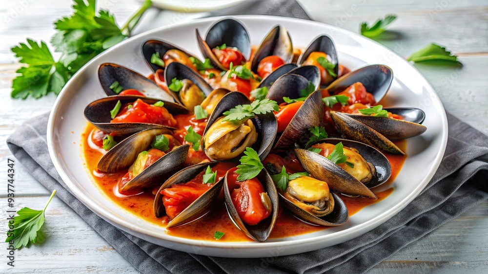 Steamed mussels in flavorful tomato sauce on a white plate , seafood, dish, dinner, appetizer, Mediterranean, cuisine Steamed mussels in flavorful tomato sauce on a white plate , seafood, dish, dinner, appetizer, Mediterranean, cuisine