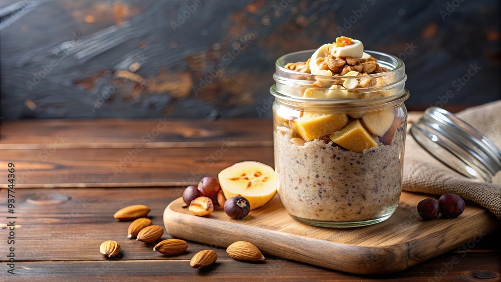 Overnight oats in a glass jar topped with sliced banana and nuts , breakfast, healthy, food, overnight oats, oats, banana Overnight oats in a glass jar topped with sliced banana and nuts , breakfast, healthy, food, overnight oats, oats, banana