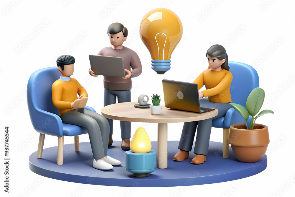 3D Team candidly brainstorming new product ideas in an open office space concept as A candid shot of a team brainstorming new product ideas in an open office space. The camera captures the creativity 
