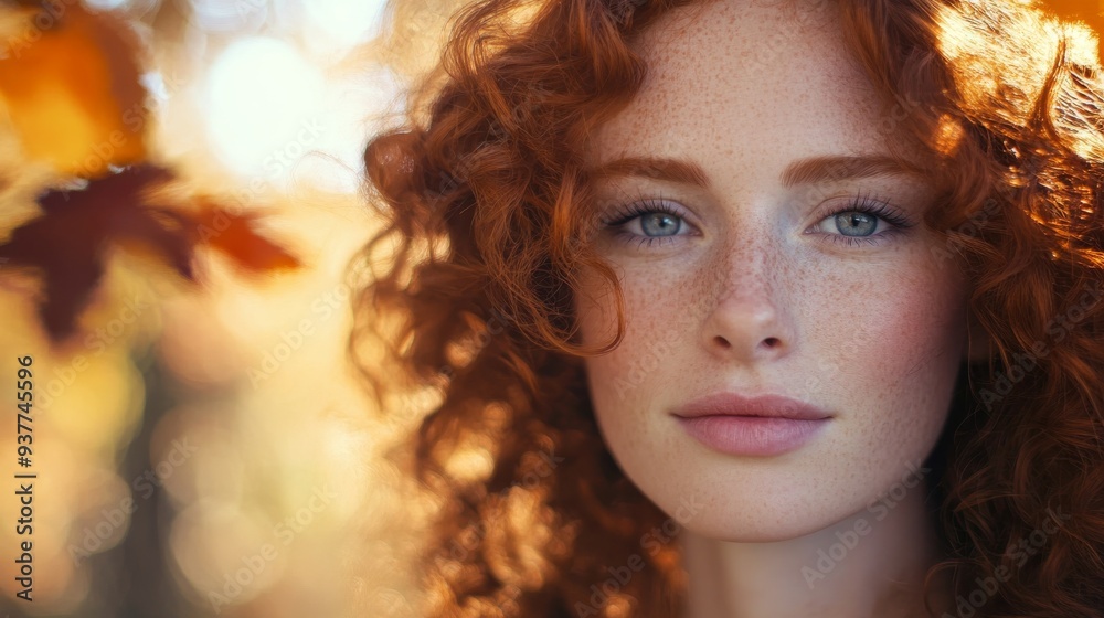 Fototapeta premium Stunning young woman with fiery red hair and adorable freckles basks in the warm autumn glow outdoors, radiating beauty and confidence in a serene setting among colorful leaves