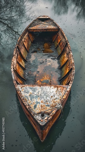 Aged metal barge floating on water transportation and industry concept photo