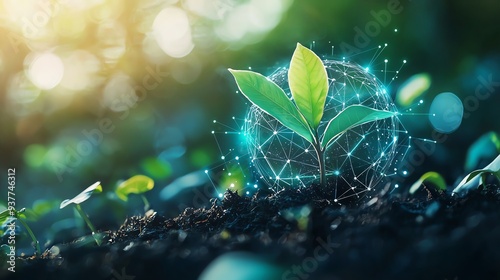 A vibrant green seedling emerging from fertile soil, symbolizing growth and innovation in nature with digital elements.