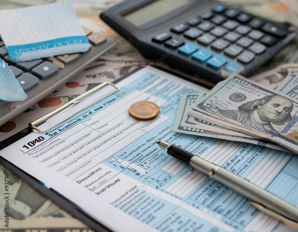 Obraz premium Taxation and financial obligations featuring elements like tax forms, calculators, and money representing responsibility, payments, and finance.