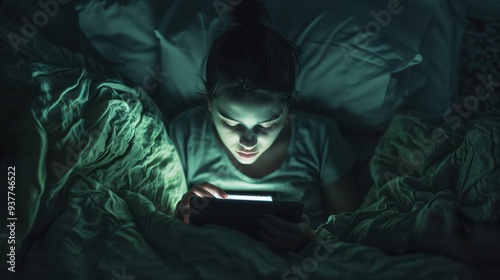 The girl with glowing tablet photo