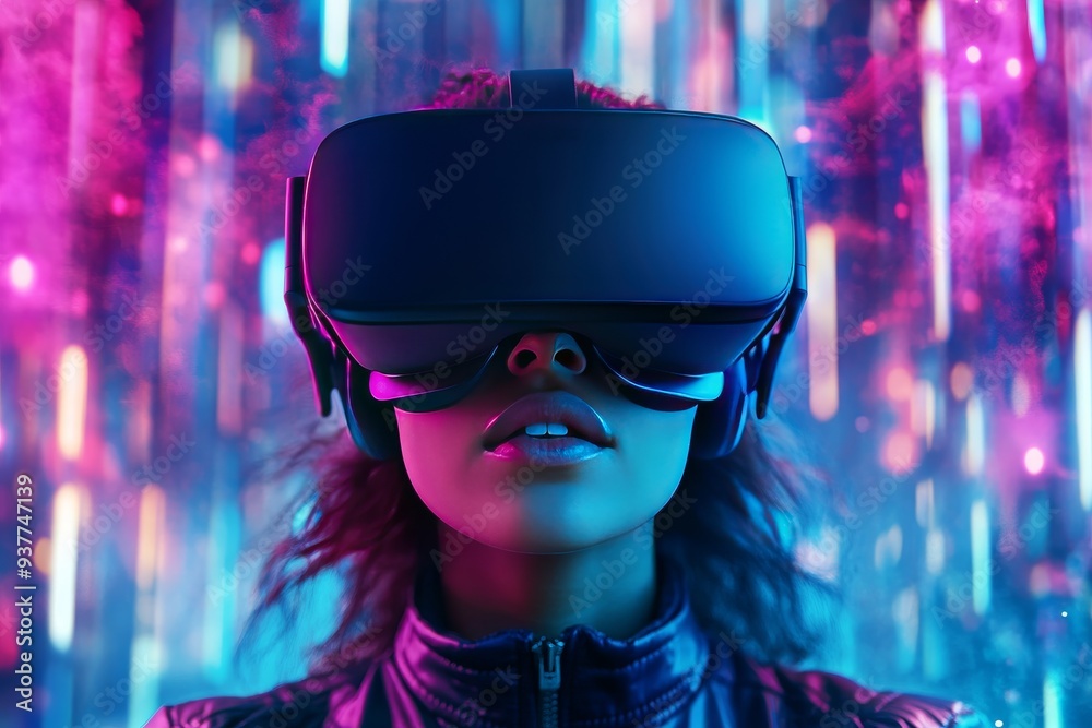 Futuristic portrait of a young woman in a VR headset immersed in a vibrant neon digital environment highlighting the cutting edge intersection of fashion and advanced technology