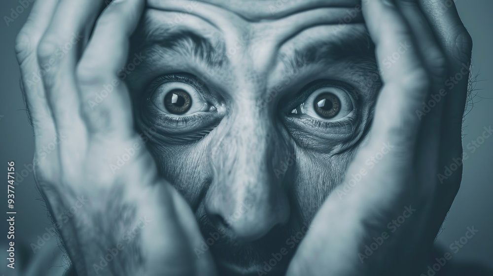 A closeup shows a distressed man, revealing his fear and anxiety through his intense facial expression A closeup shows a distressed man, revealing his fear and anxiety through his intense facial expression