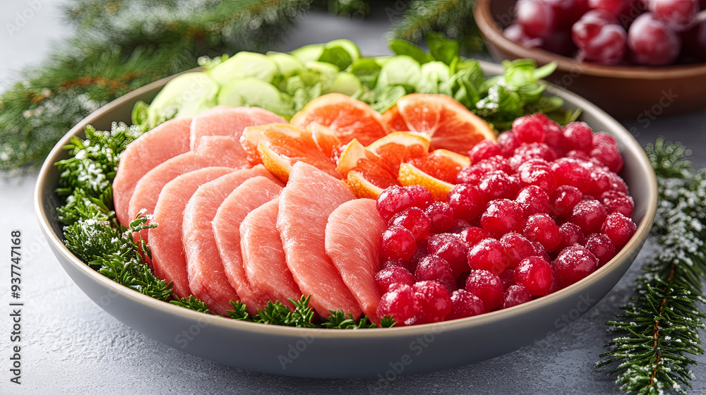 Fresh fruit platter featuring grapefruit, oranges, and grapes on a winter-themed table Fresh fruit platter featuring grapefruit, oranges, and grapes on a winter-themed table
