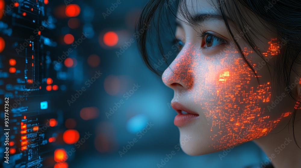 Asian Female AI Cyber Security Specialist Analyzing Data with Holographic Interface Elements, Intense Focus in a Futuristic High-Tech Environment, Highlighting the Complex Nature of AI-Driven Threats Asian Female AI Cyber Security Specialist Analyzing Data with Holographic Interface Elements, Intense Focus in a Futuristic High-Tech Environment, Highlighting the Complex Nature of AI-Driven Threats