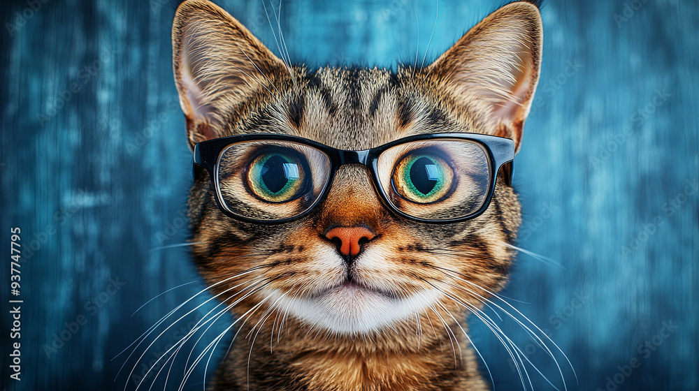 A cute tabby cat wearing glasses poses against a vibrant blue background