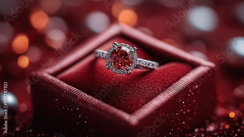 High-Resolution Cinematic Close-Up of Elegant Ring in Open Gift Box on Red Velvet Background - HDR Professional Photography