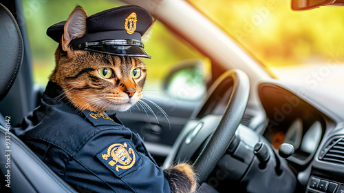 Cat dressed as a police officer driving a car in bright daylight photo