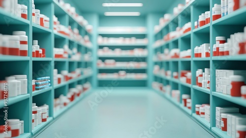 Hospital pharmacy, shelves with medicine, 3D illustration