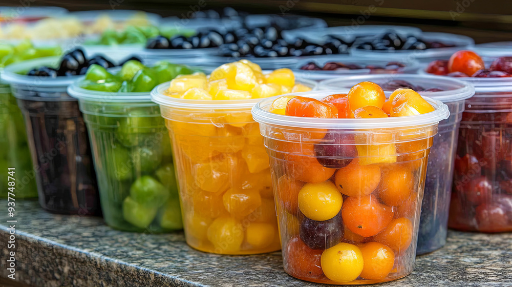 Freshly prepared fruit cups filled with colorful berries and grapes at a market stall on a sunny day Freshly prepared fruit cups filled with colorful berries and grapes at a market stall on a sunny day