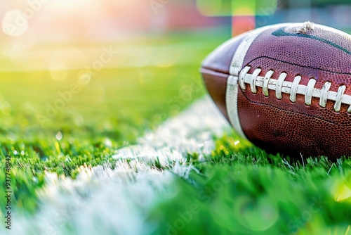 A close-up of a football resting on green grass with a blurred field in the background, capturing the essence of the game.