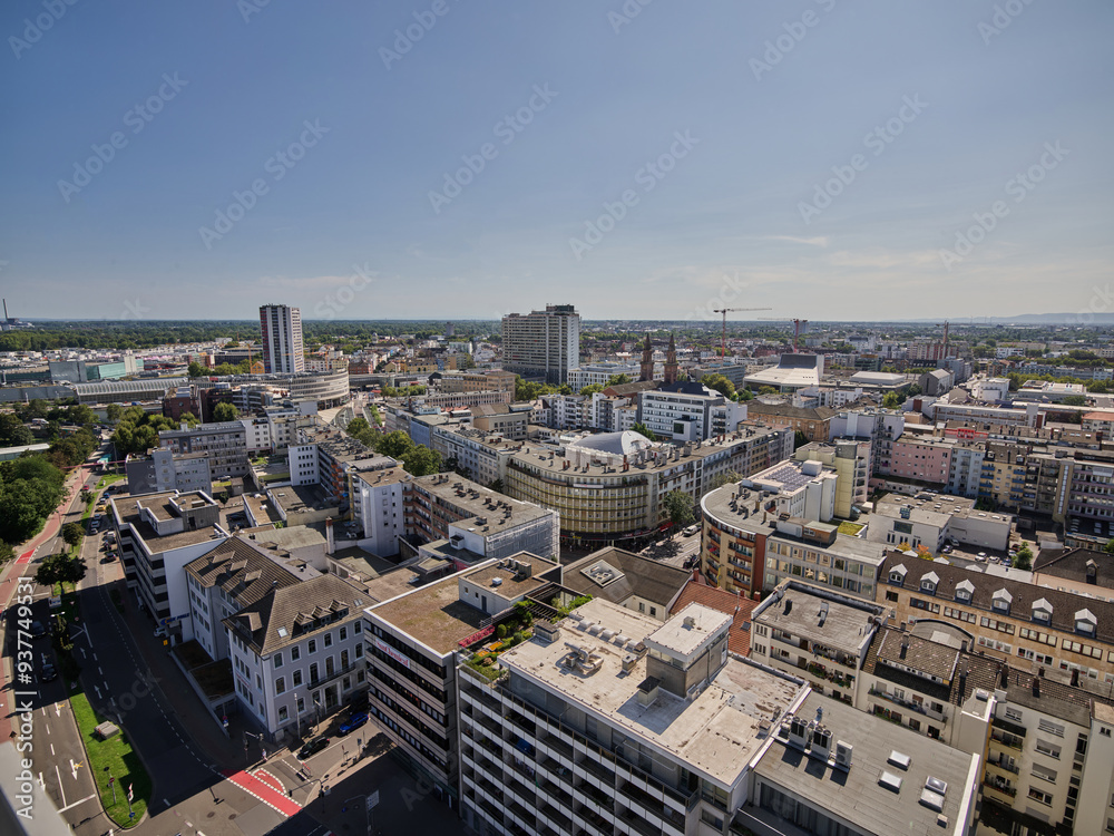 Fototapeta premium Panoramablick über Ludwigshafen am Rhein an einem klaren Sommertag