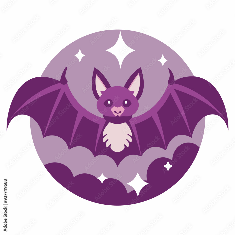 Cute Cartoon Bat with Purple Wings on a Circular Background, vector illustration