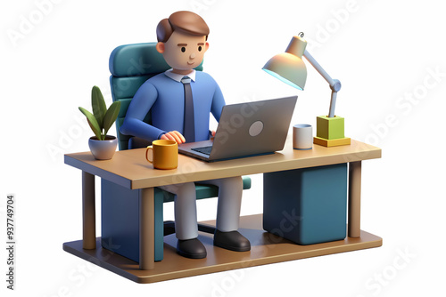 3D Employee working late in a dimly lit office focused on tasks concept as A candid shot of an employee working late in a dimly lit office deeply focused on their tasks. The scene conveys dedication a