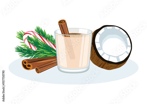 Coquito coconut christmas drink vector illustration. Coquito in a glass and cinnamon stick icon vector isolated on a white background. Puerto Rican eggnog with cinnamon, coconut and candy cane drawing