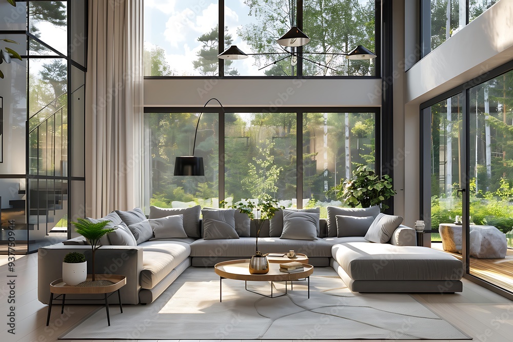 Luxury living room interior with cozy grey sofas, big window and coffee table Luxury living room interior with cozy grey sofas, big window and coffee table