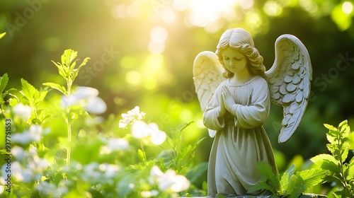 Serene and peaceful angel statue surrounded by lush greenery, symbolizing hope and harmony. Ideal for cemetery garden decor, this scene embodies the comforting presence of angels on Easter morning