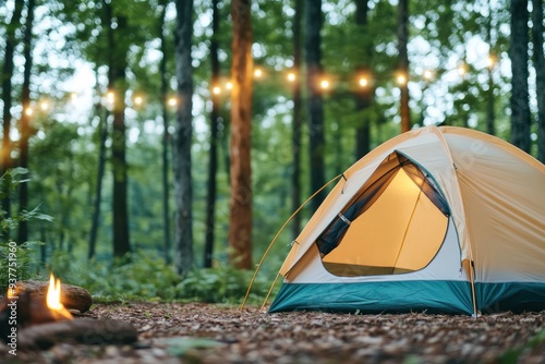 A cozy camping scene featuring a tent, warm light, and a peaceful forest, perfect for outdoor adventures and relaxation.