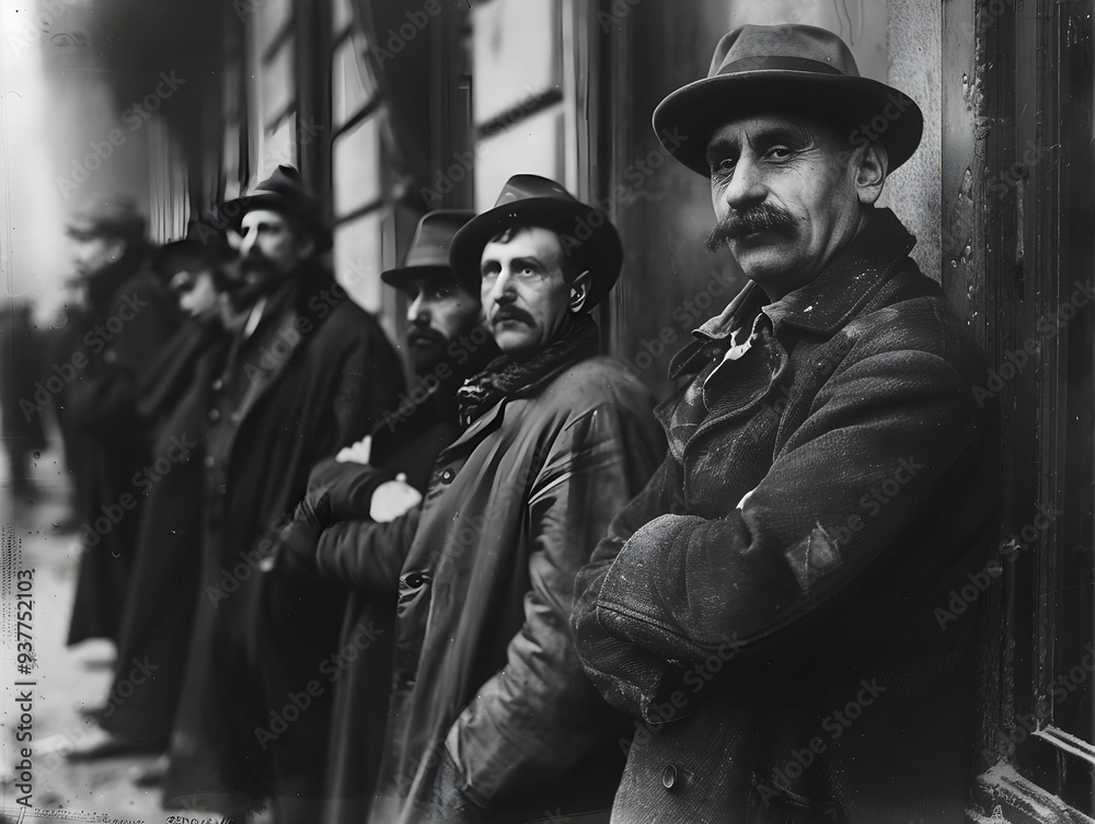 A group of men in coats and hats standing together on a city street during the early 1900s showcasing historical fashion and interaction A group of men in coats and hats standing together on a city street during the early 1900s showcasing historical fashion and interaction