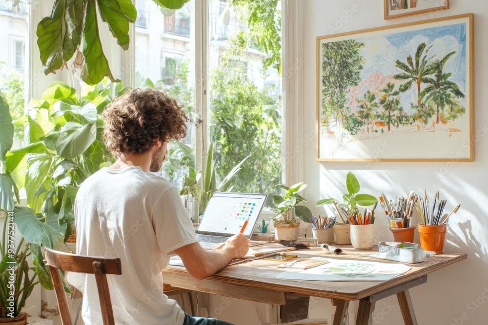 A creative workspace with a person using a laptop surrounded by plants, art supplies, and natural light. A creative workspace with a person using a laptop surrounded by plants, art supplies, and natural light.