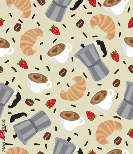 Pattern coffee machine, croissant and cup of coffee on coffee background.
