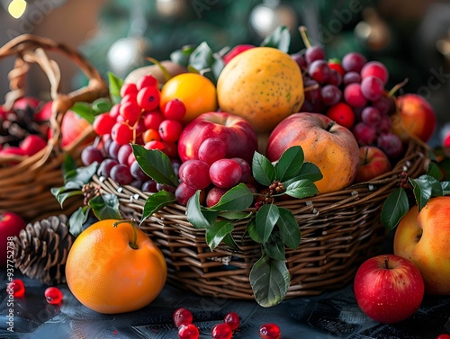 Colorful fruit basket with apples, berries, and citrus displayed on a festive table during the holiday season photo