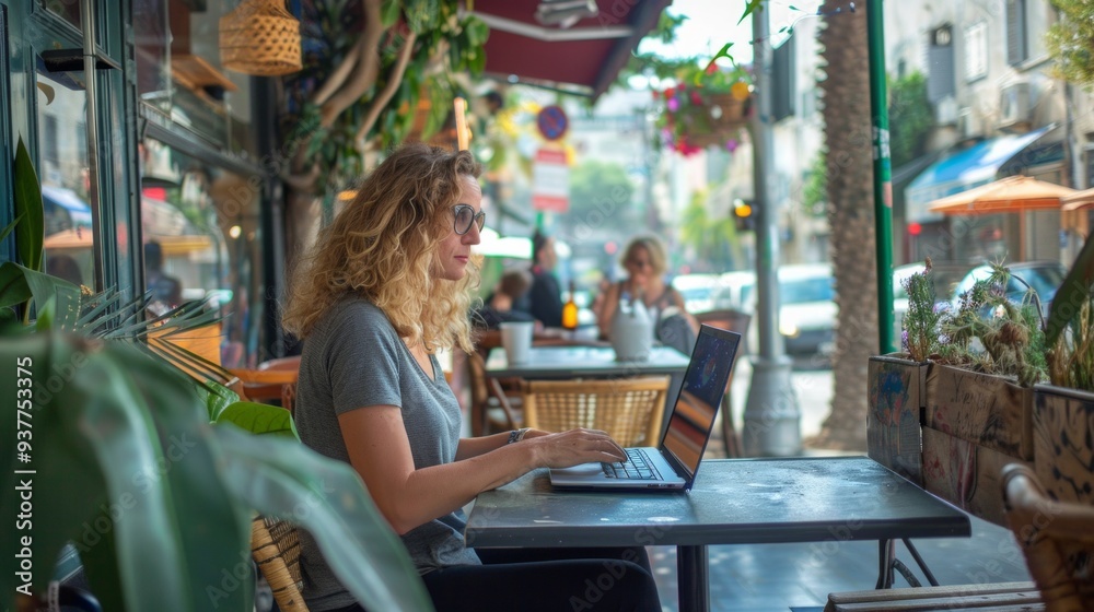 Israel relaxed woman in her 40s working on laptop at coffee place in city.