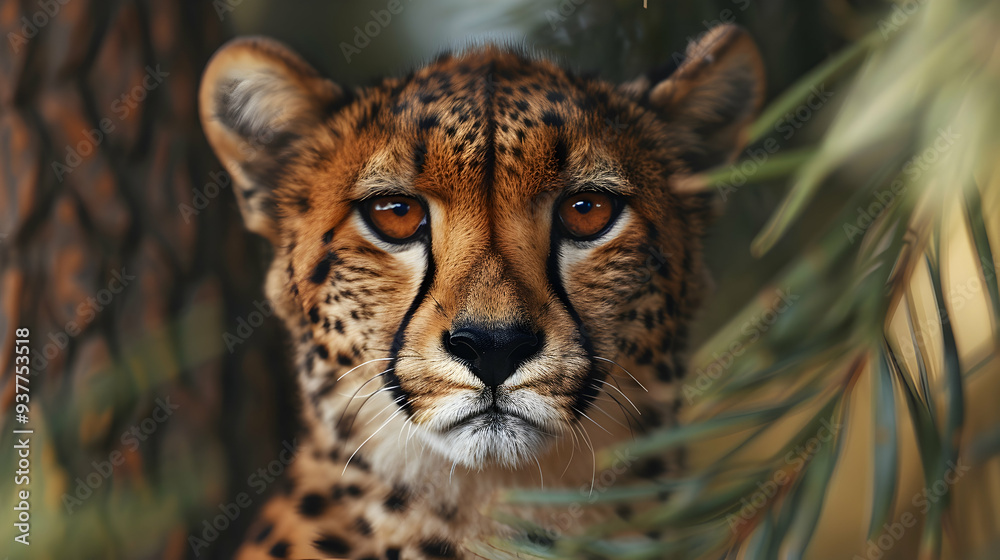 Fototapeta premium Cheetah Sitting Pine Tree Sty