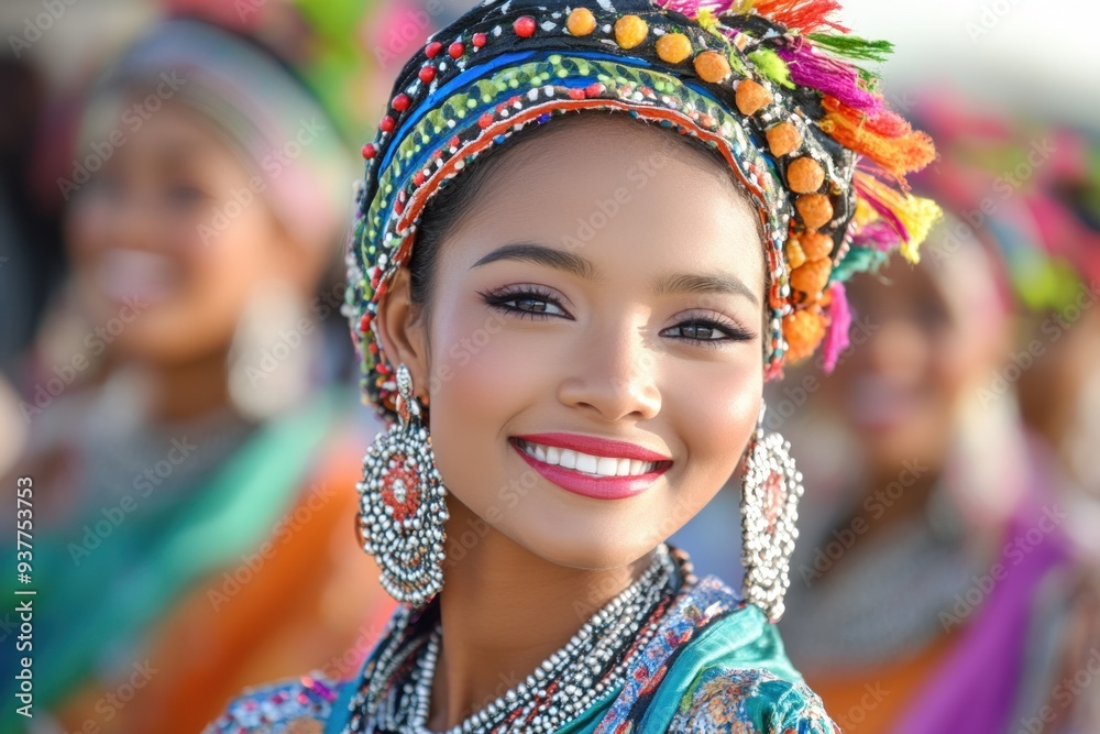 A vibrant portrait of a smiling woman adorned in colorful traditional attire and accessories, exuding joy and cultural richness. A vibrant portrait of a smiling woman adorned in colorful traditional attire and accessories, exuding joy and cultural richness.