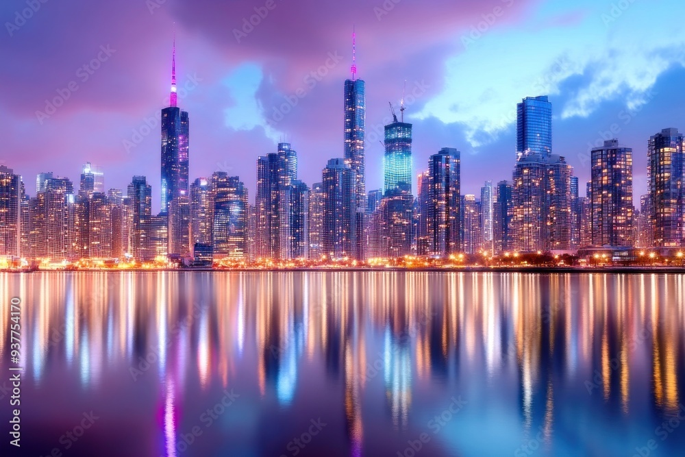 Fototapeta premium Stunning city skyline with illuminated skyscrapers reflecting on water during twilight. Perfect for urban and travel themes.