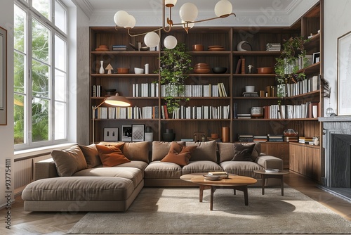 Modern living room interior with comfortable sofa, coffee table, white wall and bookshelves