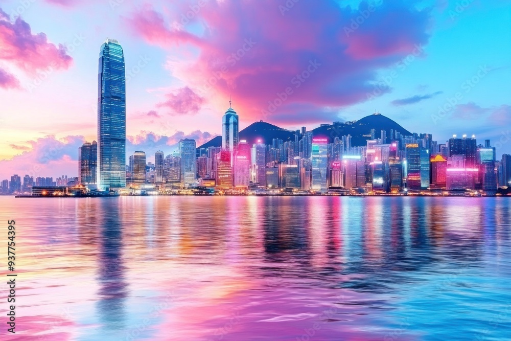 Fototapeta premium Vibrant skyline of Hong Kong reflecting on water at sunset, showcasing colorful buildings and dramatic clouds.