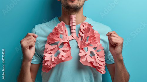 A person is holding a paper cutout of lungs with blue background. Celebration of World Lungs Day, copy space. photo