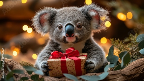 Obraz na płótnie Adorable baby koala is holding a christmas present with a red ribbon, sitting on a tree branch with eucalyptus leaves. The background is decorated with warm christmas lights w salonie