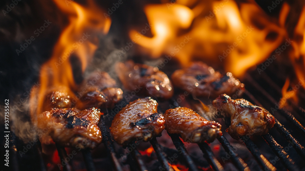 Grilling chicken wings over an open flame at a summer barbecue gathering in the backyard during the late afternoon sunlight Grilling chicken wings over an open flame at a summer barbecue gathering in the backyard during the late afternoon sunlight