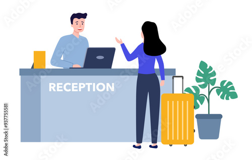 Hotel reception vector illustration. Tourist or traveller woman standing at desk in lobby room interior. Guest talking with receptionist, registration hotel service.