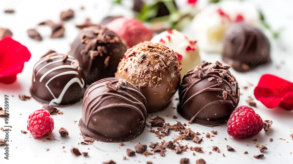 Artfully arranged chocolate truffles with raspberries and rose petals on a white background, perfect for celebrations or gifts Artfully arranged chocolate truffles with raspberries and rose petals on a white background, perfect for celebrations or gifts
