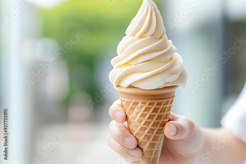 Delicious vanilla ice cream cone held by a hand, evoking summer joy and sweet indulgence in a vibrant outdoor setting. photo